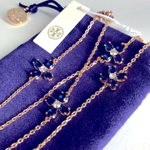 NWT Tory Burch Gold Blue Zircon Four Leaf Clover Elongated 21 in. Neckla… - Picture 9 of 11